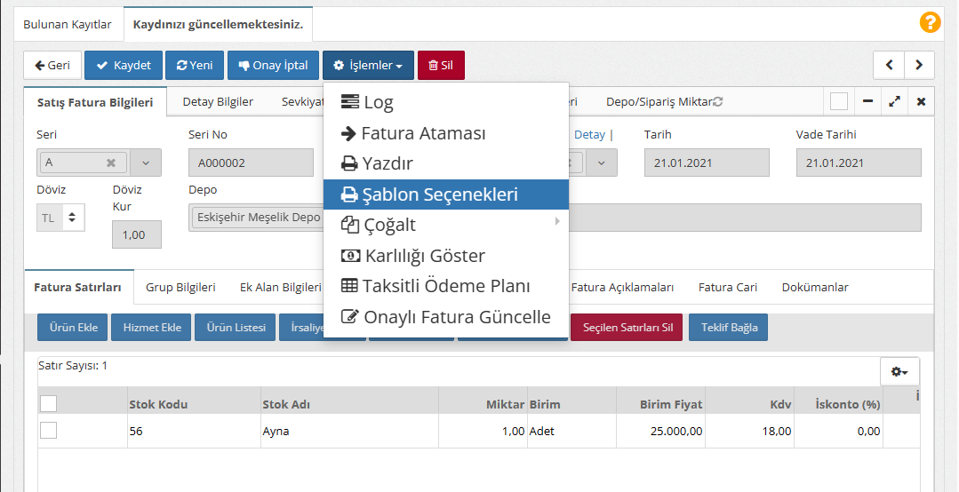 İşlemler-Şablon Seçenekleri